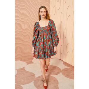 NWT Ulla Johnson Alita Long Sleeve Cotton Poplin Tropical Print Dress Size 6